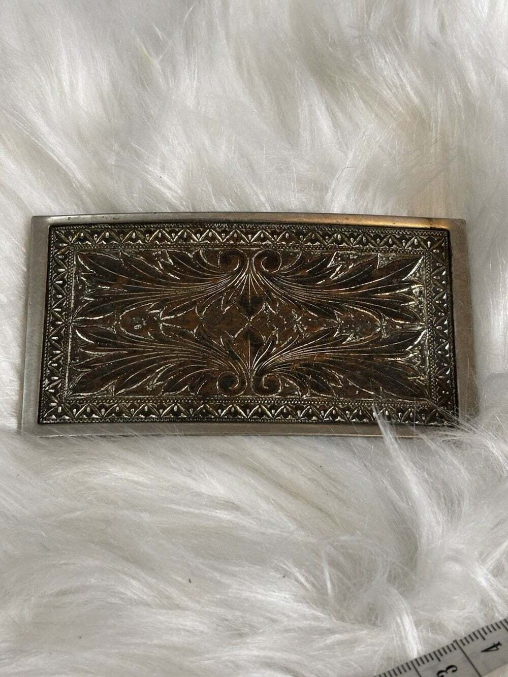 Vintage Nickel Plated Metal Western Cowboy Belt Buckle Rectangular